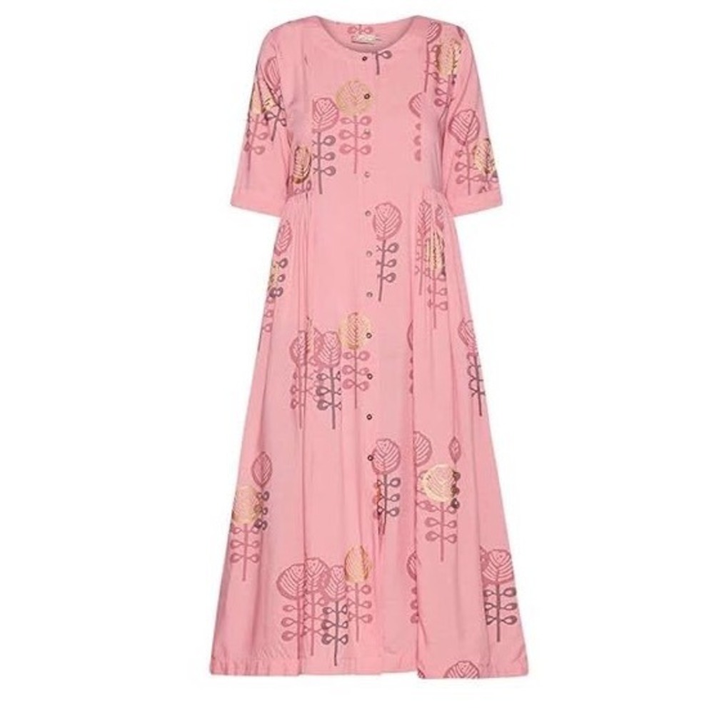 Utsa Maxi Dress Pink Floral Print‎ Button Front Casual Dress Size L P1